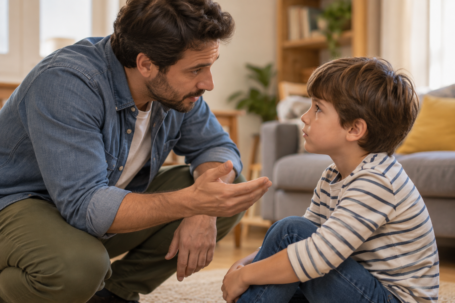 Padre hablando a la altura de su hijo para explicarle un límite con calma