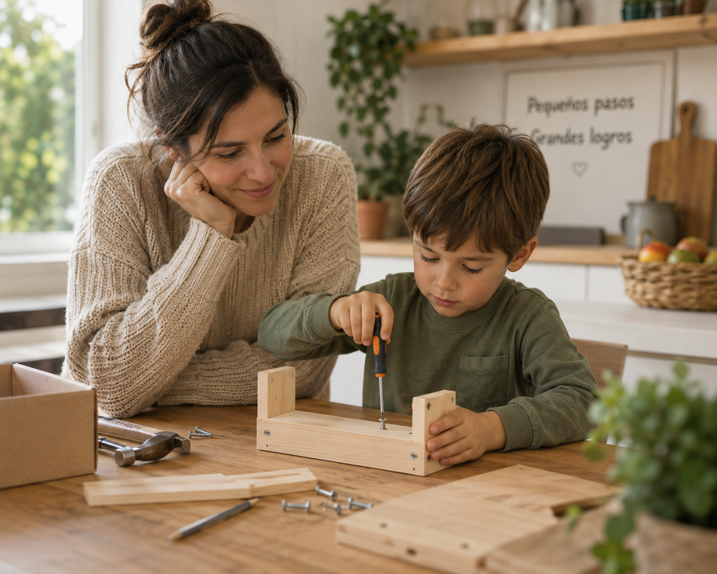 Madre observando a su hijo pequeño mientras aprende a hacer algo por sí mismo